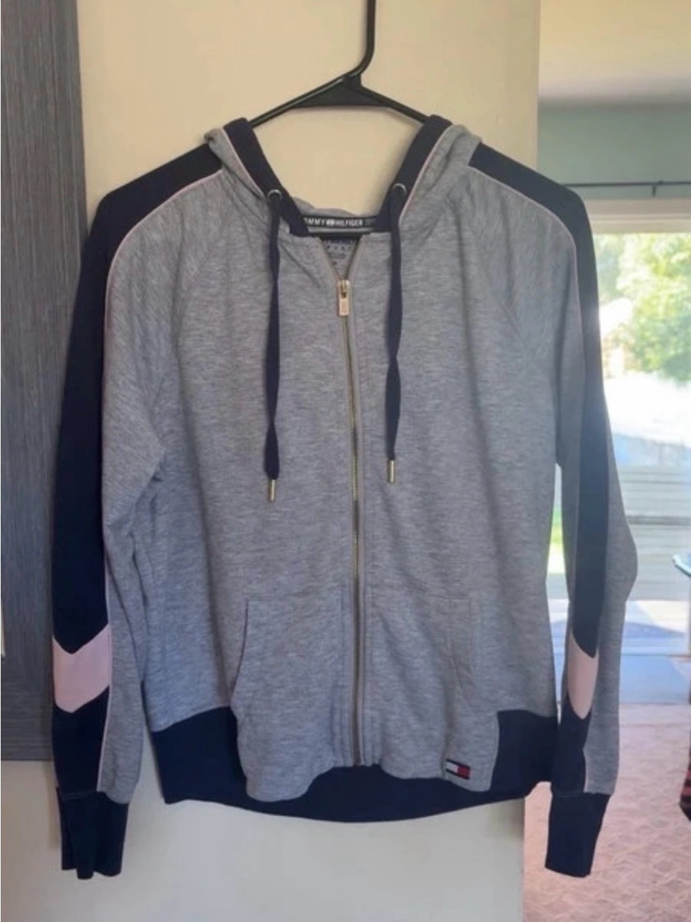 Tommy Hilfiger Light Gray Hooded Zip Jacket with Navy& Pink Trim